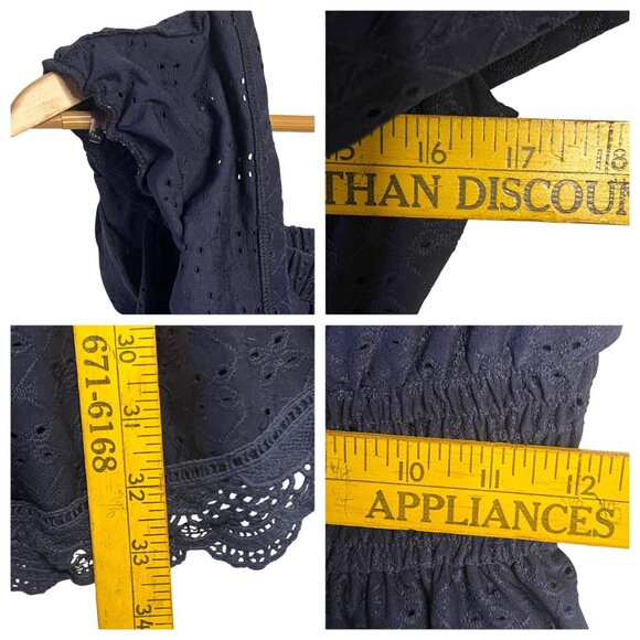 Navy Off-Shoulder Smocked Mini Dress Eyelet Design Ruffled Neckline Lace Hem  M - Picture 12 of 16